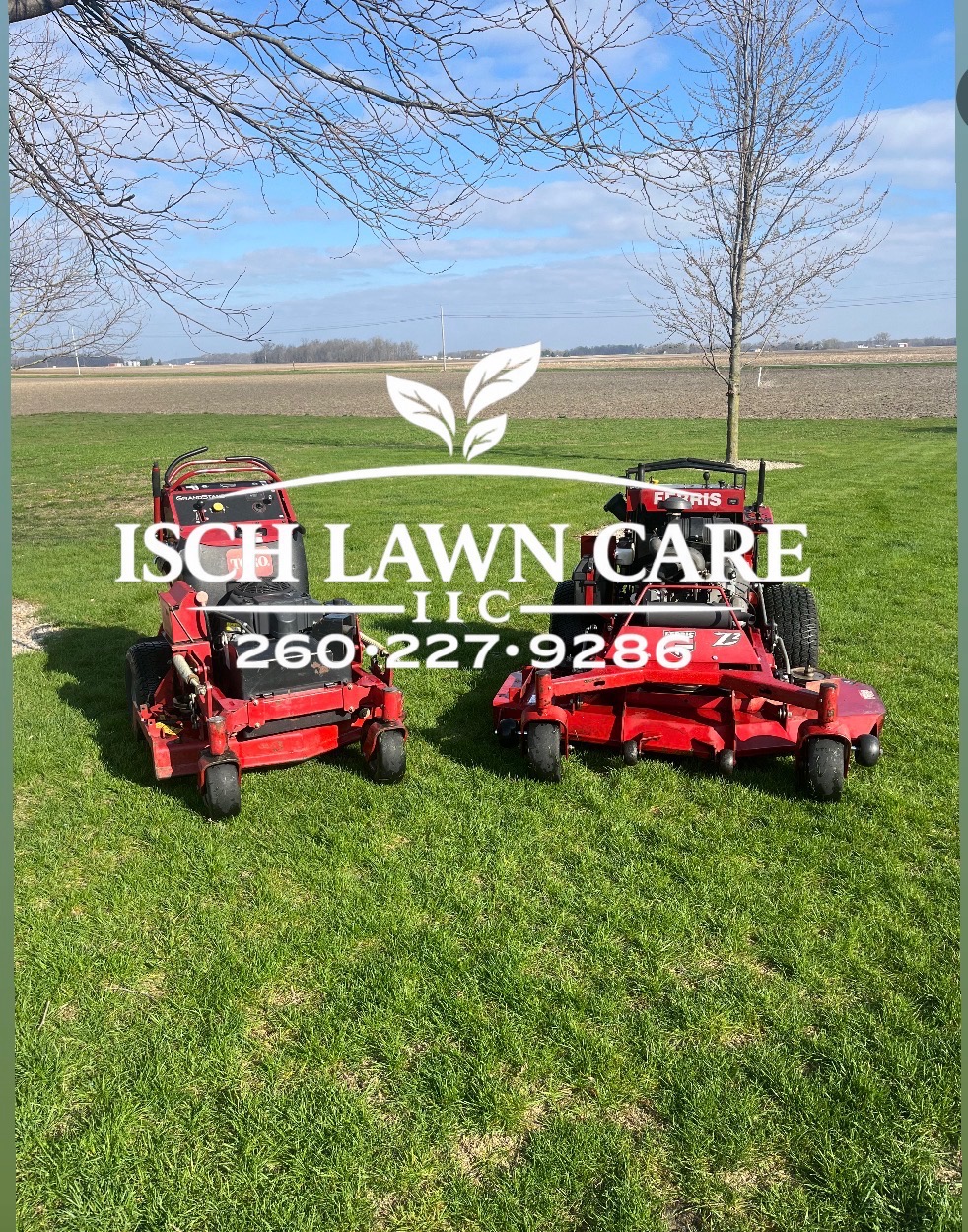 Isch Lawn Care LLC mowers on a green lawn in Bluffton, Indiana
